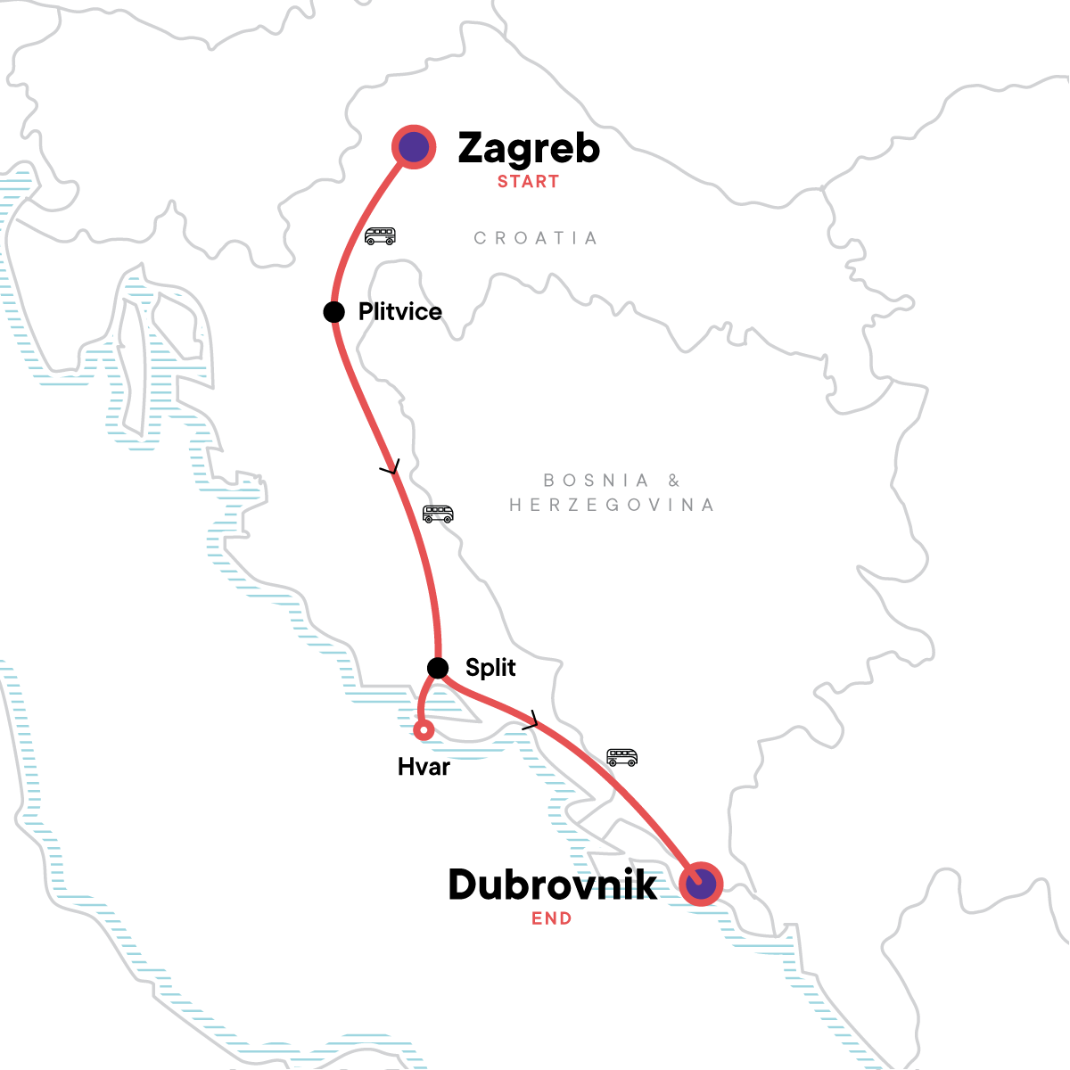Karte zu 'Von Zagreb nach Dubrovnik – Plitvicer Seen & Parties' - Unvergessliche Kroatien Reise für junge Leute (Bild: G Adventures)