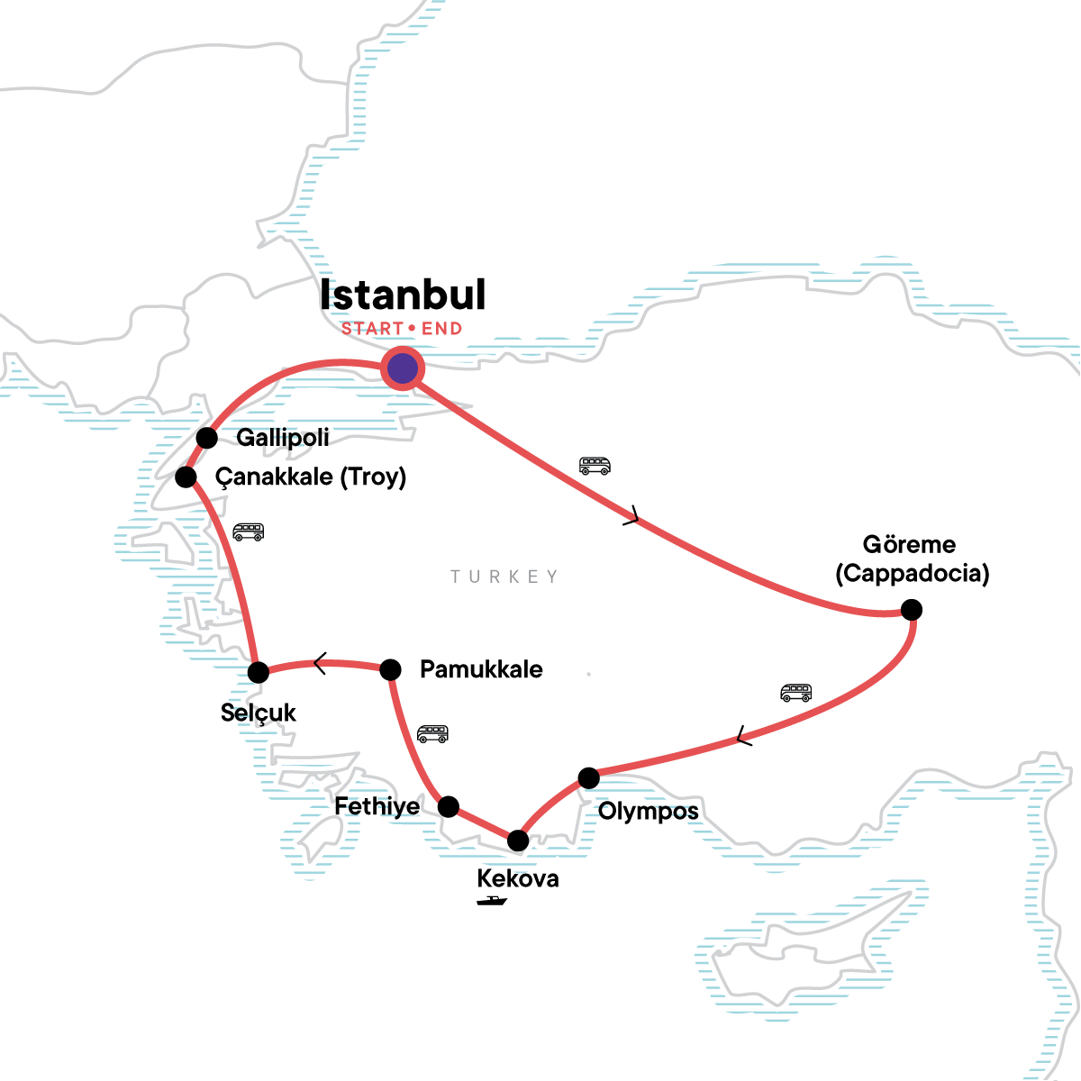 Turkey: Coastlines & Cappadocia - 18-to-Thirtysomethings Turkey Tour for Young Adults & Young Solo Travelers - Map (Image Credit: G Adventures)