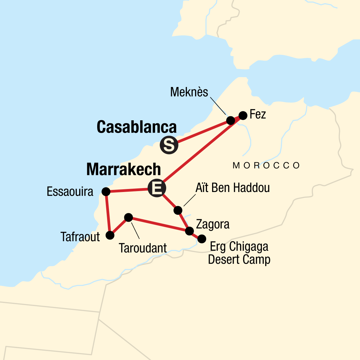 Karte zu 'Marokko: Sahara & mehr' - Unvergessliche Marokko Reise - auch für Alleinreisende, Singles & Freund/-innen (Bild: G Adventures)