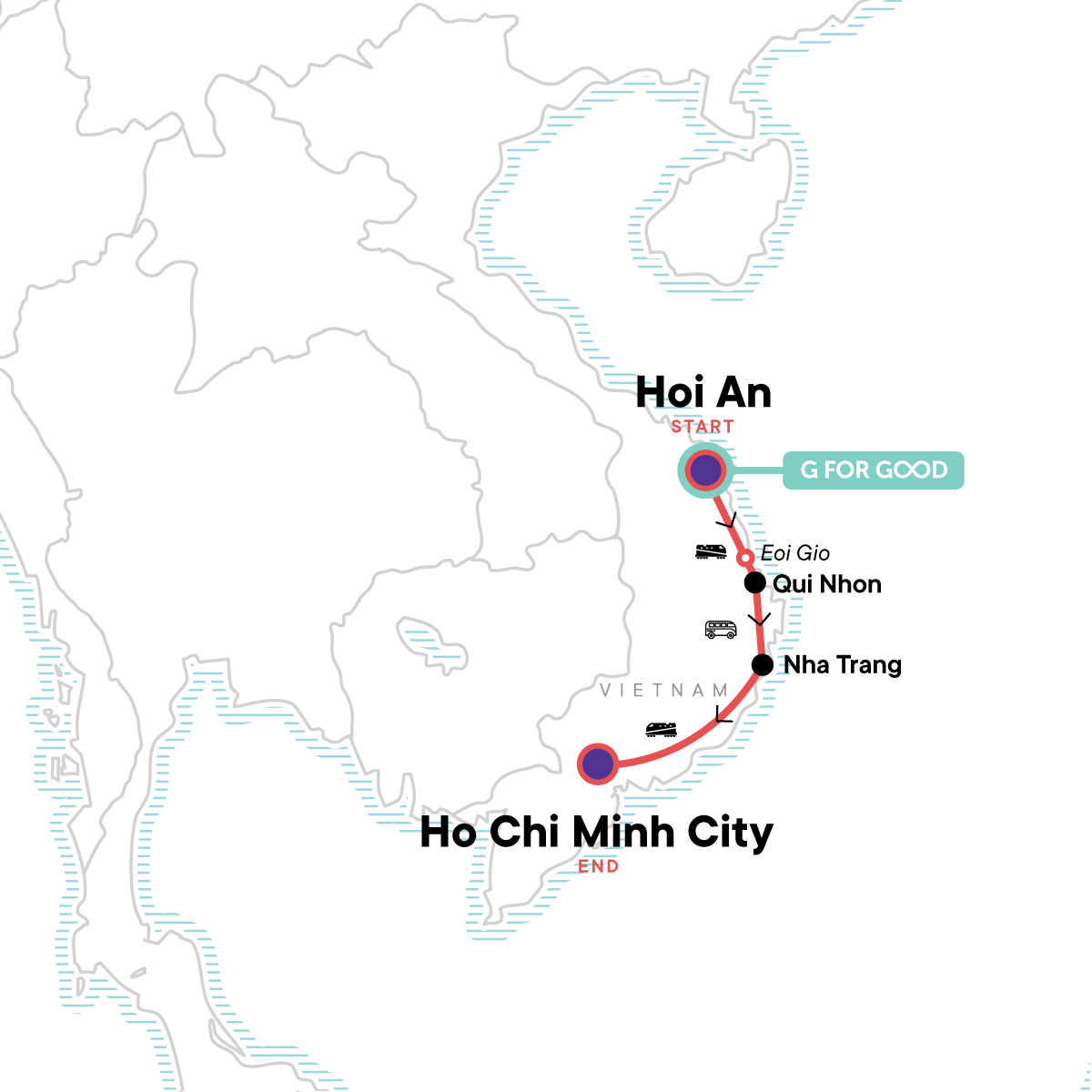 Karte zu 'Erlebnisreise durch Vietnam: Hoi An, Strände & Ho-Chi-Minh-Stadt' - Unvergessliche Vietnam Reise - auch für Alleinreisende, Singles & Freund/-innen (Bild: G Adventures)