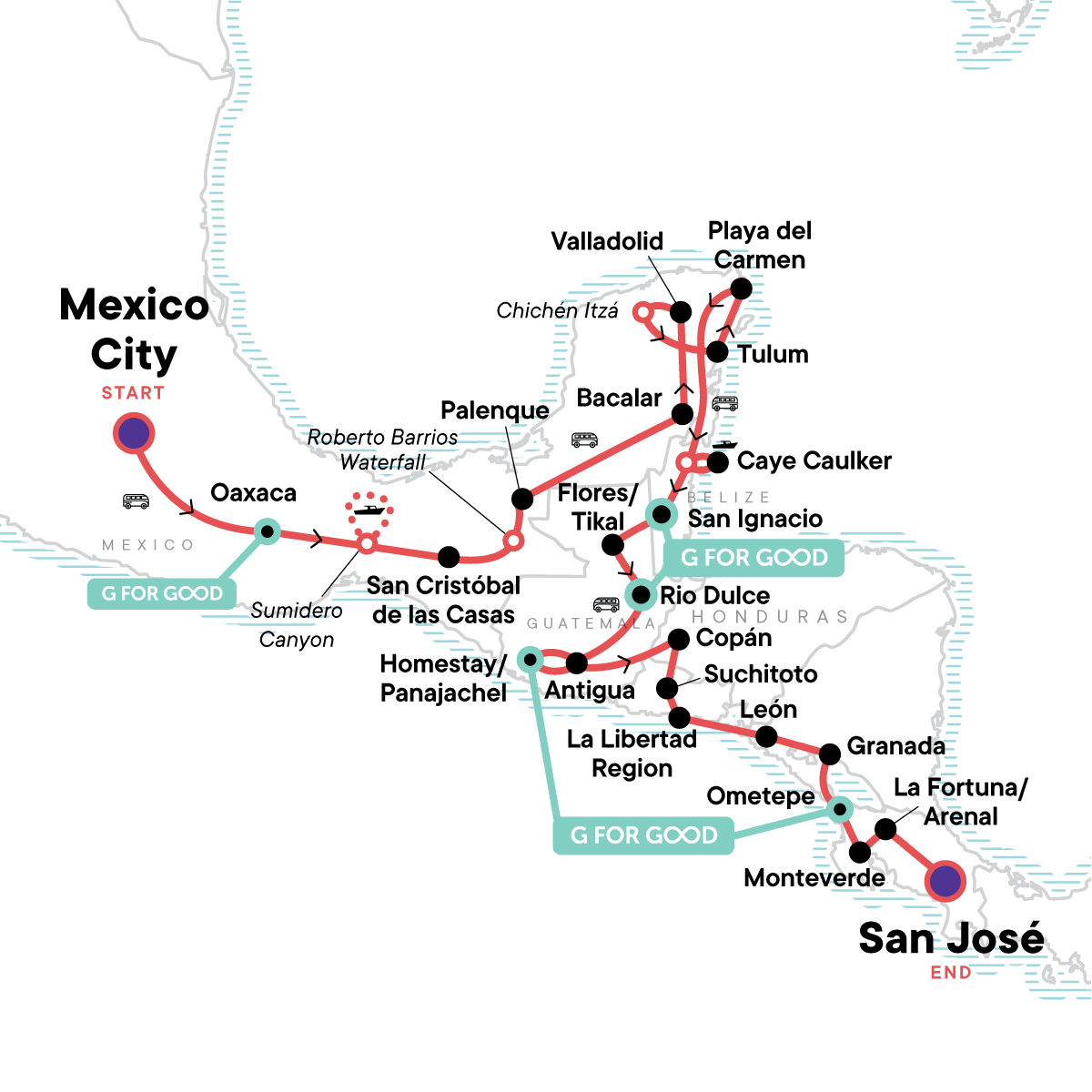 Epic Central America: Seven Countries & the Softest Sand Ever - 18-to-Thirtysomethings Mexico Tour for Young Adults & Young Solo Travelers - Map (Image Credit: G Adventures)