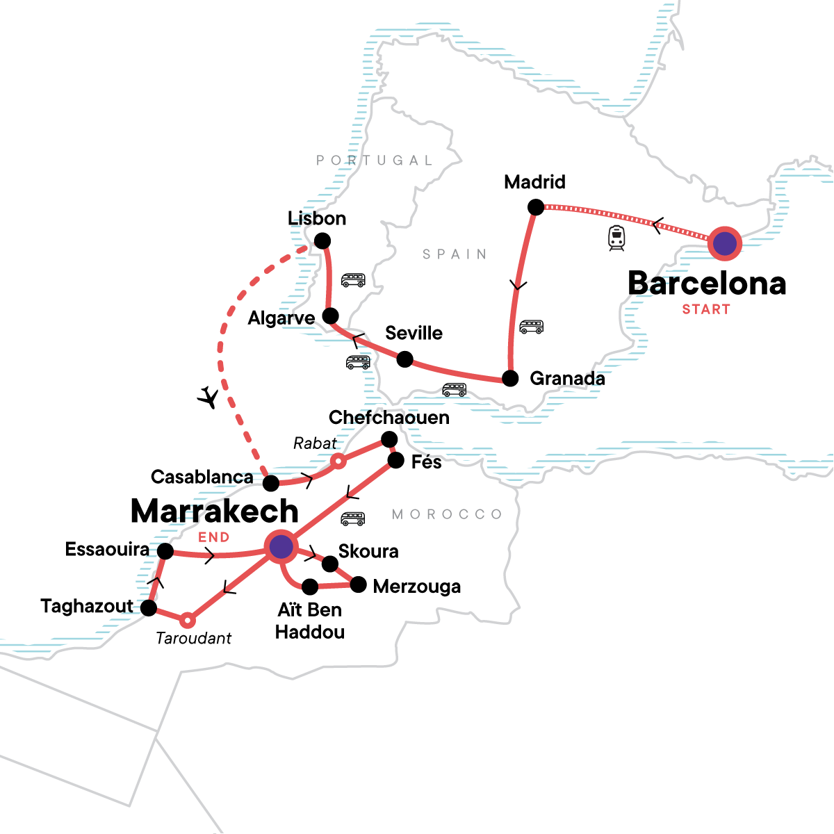 Explore Spain, Portugal and Morocco: Coastal Waves & Desert Dunes - 18-to-Thirtysomethings Spain Tour for Young Adults & Young Solo Travelers - Map (Image Credit: G Adventures)