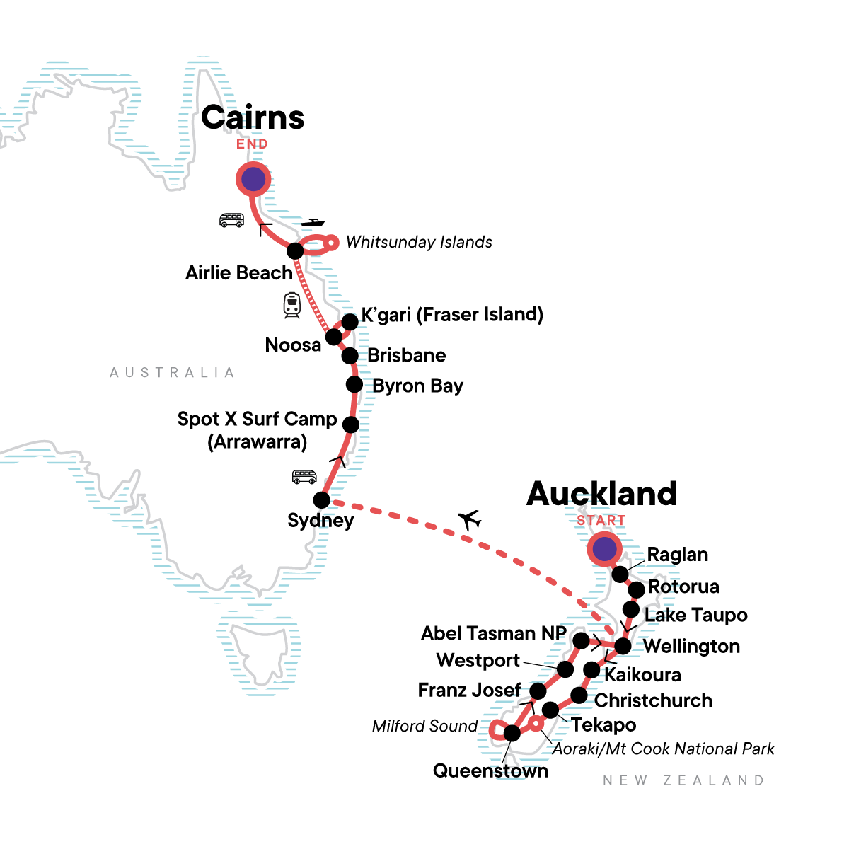 Karte zu 'Australia & New Zealand:  A Month Down Under' - Unvergessliche Neuseeland Reise für junge Leute (Bild: G Adventures)