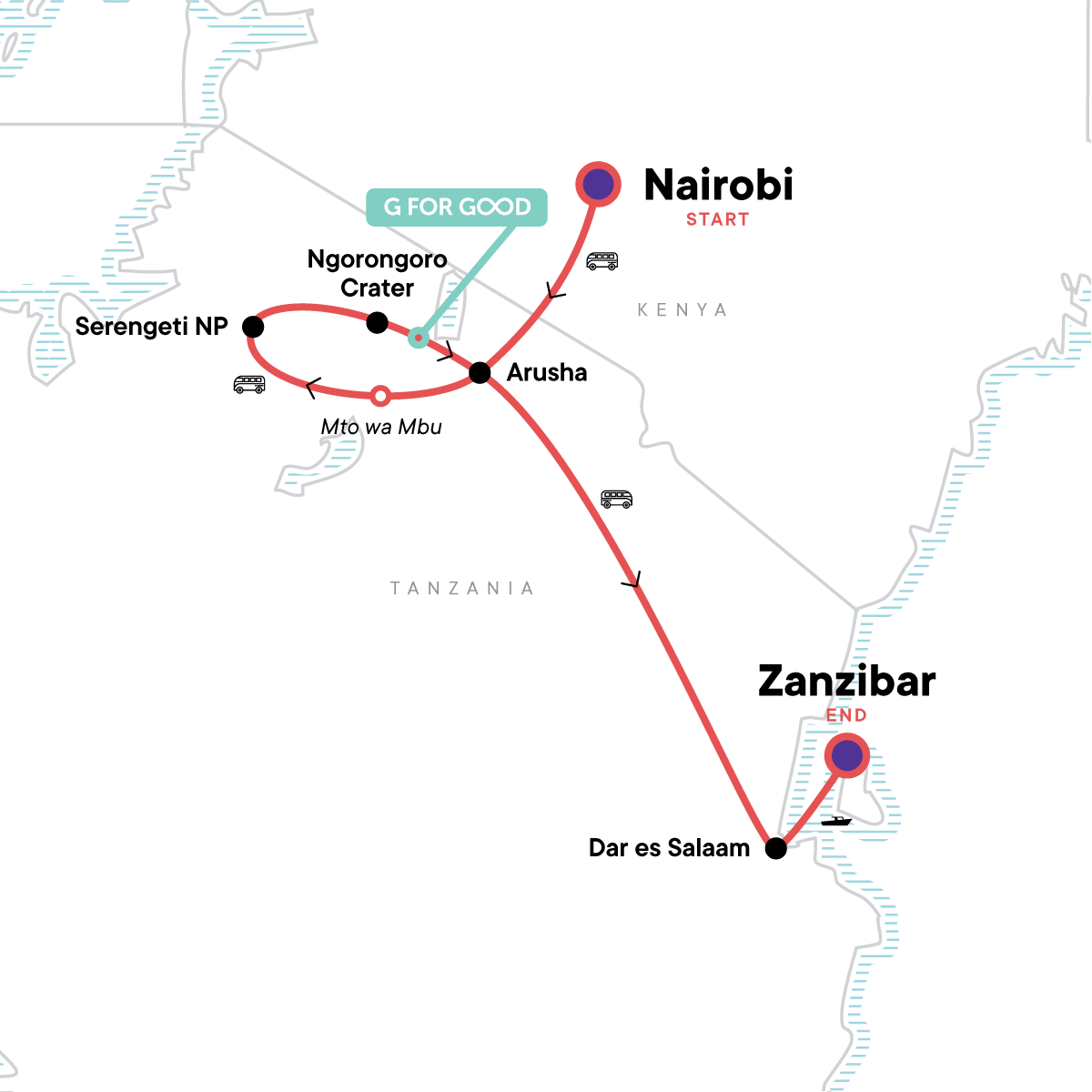 Kenya and Tanzania Overland Safari - Classic Kenya Tour - Map (Image Credit: G Adventures)