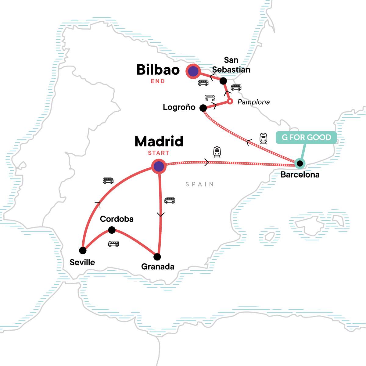 Karte zu 'Complete Spain: South to North Adventure' - Unvergessliche Spanien Reise - auch für Alleinreisende, Singles & Freund/-innen (Bild: G Adventures)