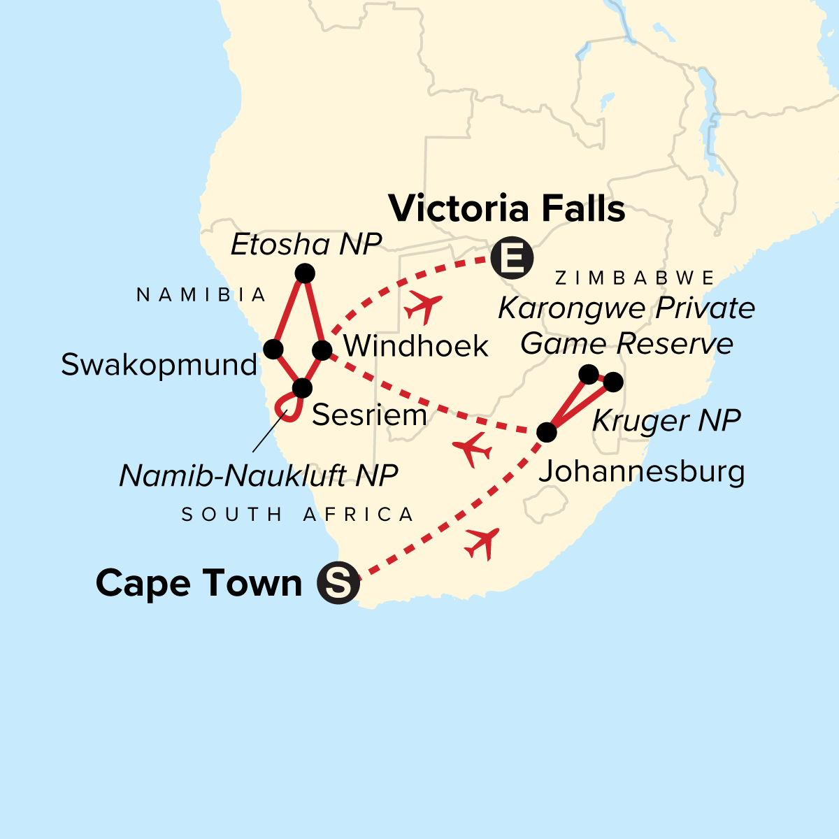 Journeys: Southern Africa Highlights - National Geographic Journeys South Africa Tour - Map (Image Credit: G Adventures)