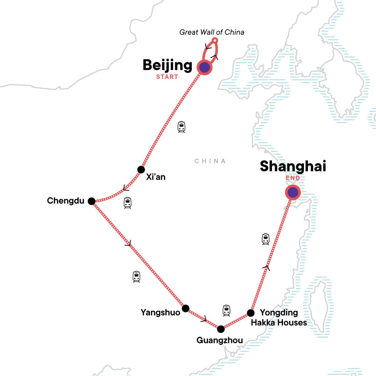 China: Big Cities & Iconic Culture - 18-to-Thirtysomethings China Tour for Young Adults & Young Solo Travelers - Map (Image Credit: G Adventures)