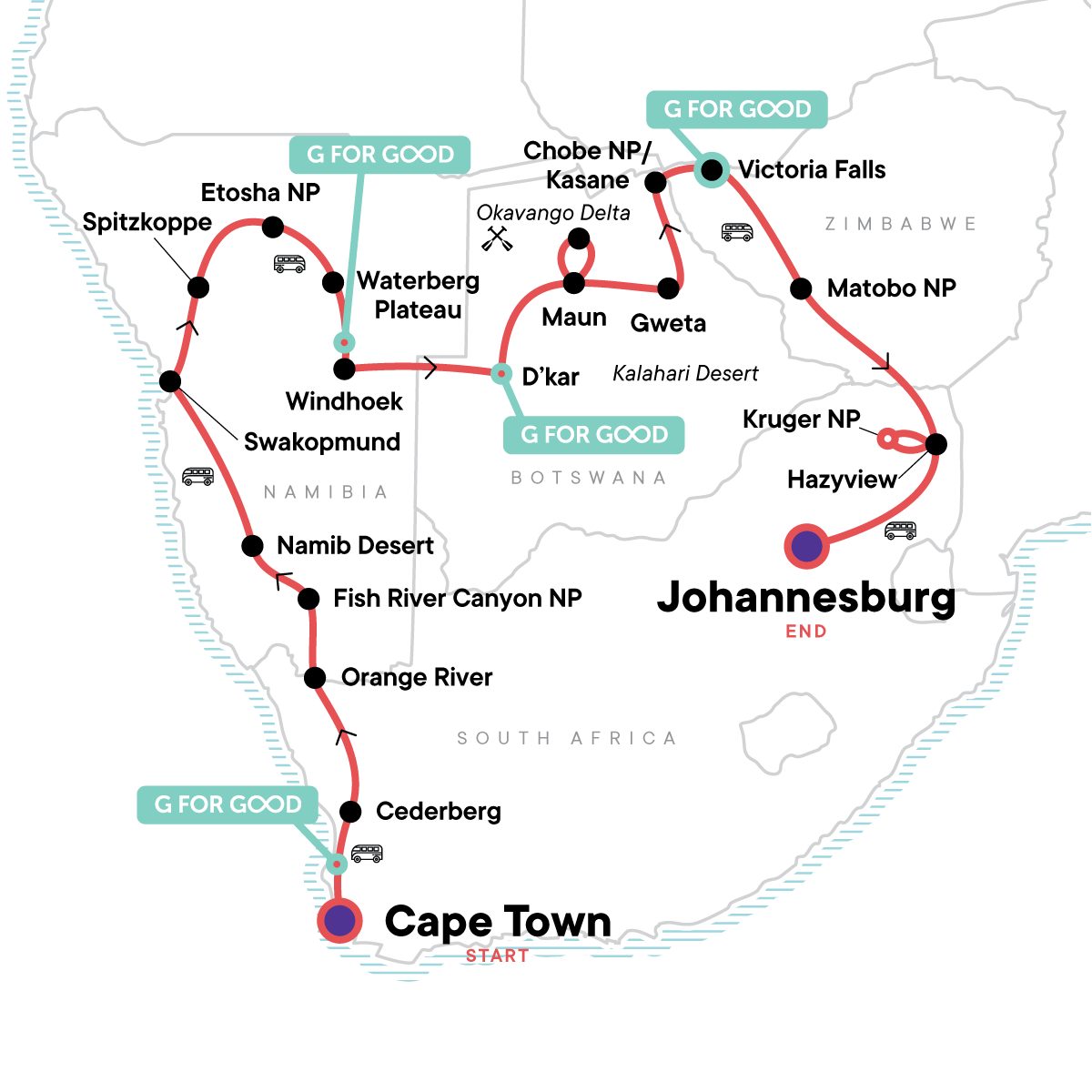Southern Africa Overland: Cape Town, Falls & Kruger - 18-to-Thirtysomethings South Africa Tour for Young Adults & Young Solo Travelers - Map (Image Credit: G Adventures)